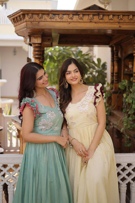 Cotton With Sequins Multithreaded Beads Embroidered work Cotton  (Full Inner Top To Bottom)  SLEEVES  Sleevesless (Shoulder Double Frill Stitching)