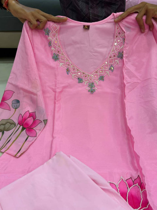 3-piece ready-made kurti set crafted from luxurious Premium Chinon fabric With Full Hand Work Nack Designed for festive and wedding occasions, this outfit blends tradition with modern charm.