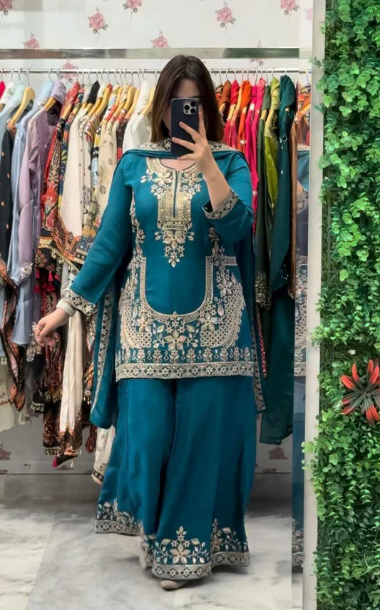 Pure Heavy Natural Crep Silk With Embroidery Work With Fancy Borders Less Work Sleeve With Fancy Latkan Dori.