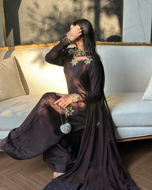 Heavy Natural Crep Material With Embroidery And Moti work(Fully Sleeve)