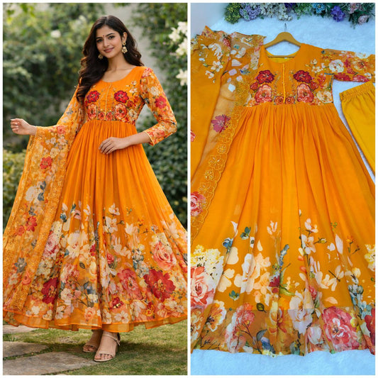 Gown Febrics Fox Georgette Heavy Quality FabricWith Handwork Neck And Sleeve  ,Full Long With Creap  Pant , Taby Silk Digital print Dupatta With Embroidery Sequence Work Broder