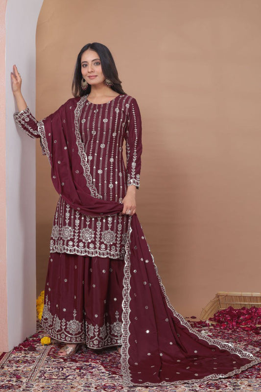 Natural Crep  Inner Micro Work Sequence Embroidery Work Top