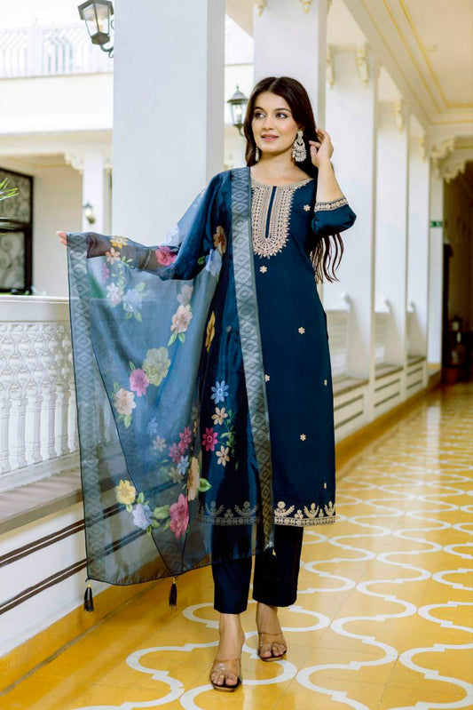 PURE VISCOSE CHANDERI WITH SEQUENCE COADING EMBROIDERY WORK ORGANZA JAQUERD DUPPATA