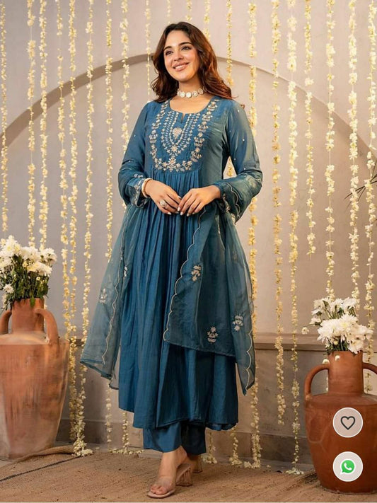 Women's premium Vichitra Silk Embroidered Flared Kurta with Pant And Dupatta Sets