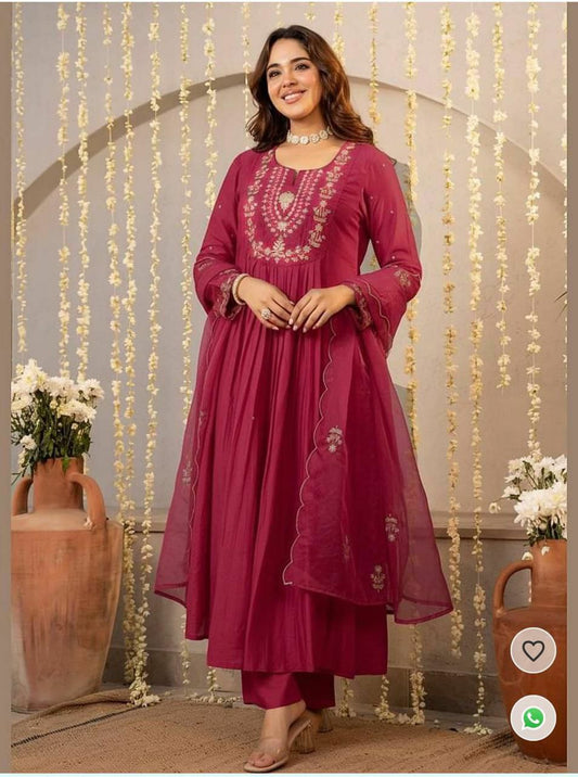 Women's premium Vichitra Silk Embroidered Flared Kurta with Pant And Dupatta Sets