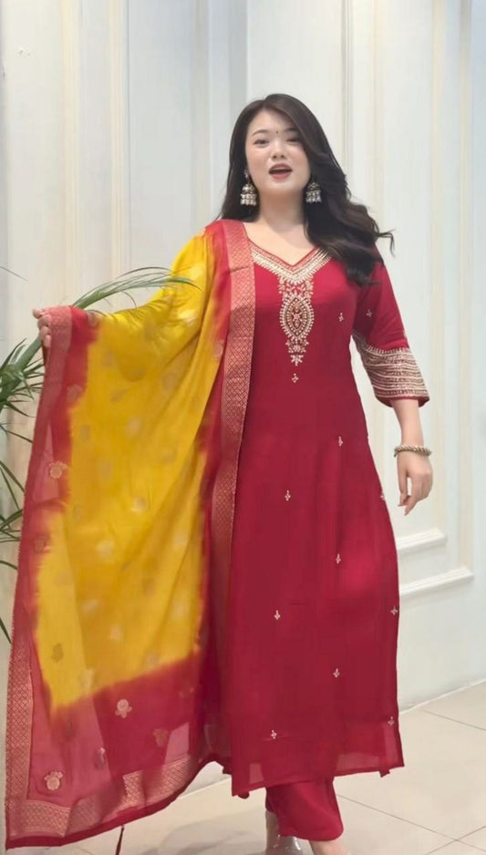 Pure berry berry  silk with machine embroidery & hand embellishments on neckline and sleeves