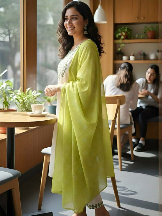 GRACEFUL WHITE KURTI WITH SEQUINS WORK & PINK AND GREEN DUPTTA