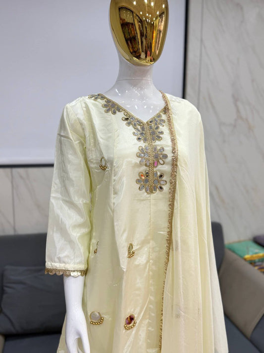 Premium Tissue Silk with rich shine Elegant mirror work & floral embroidery Straight kurti with matching dupatta & bottom in Comes with Lining