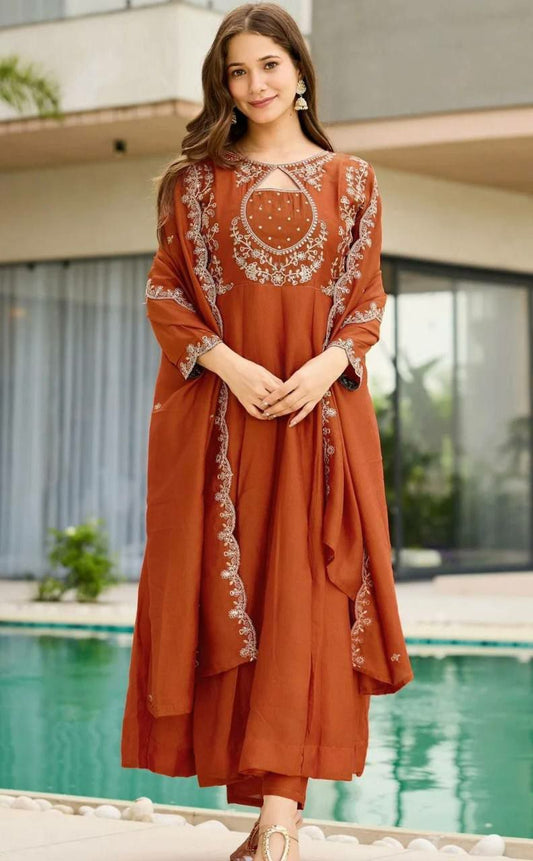 Featuring beautiful Heavy ANARKALI Suit Set which is beautifully decorated with intricate Cording embroidery, self weaving . It is paired with matching pants and cording embroidery cutwork Dupatta.