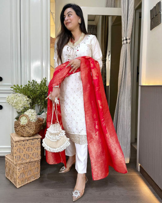GRACEFUL WHITE KURTI WITH EMBRODARY WORK & RED DUPTTA
