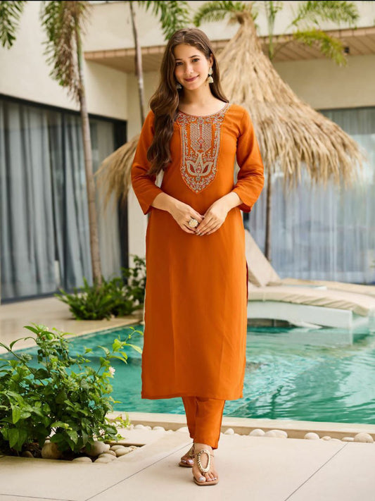 Women's Rayon Embroidered Straight Kurta with Pant And Dupatta Sets