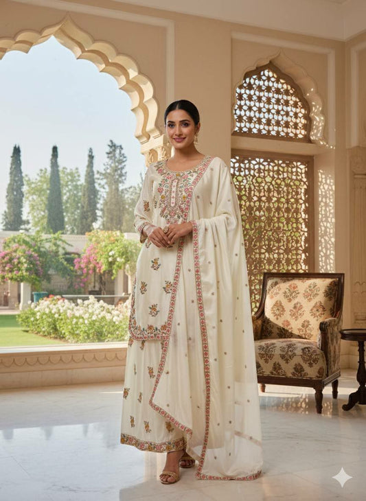 DESIGNER WEAR SEQUENCE EMBROIDERY ON SILK FABRIC TOP AND PLAZZO WITH DUPATTA