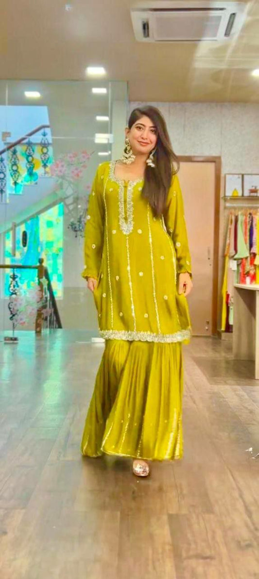 Hevay Chinon Silk Patiyala Fabric With Heavy Embroidery Dori Work With Mirror Hand Work