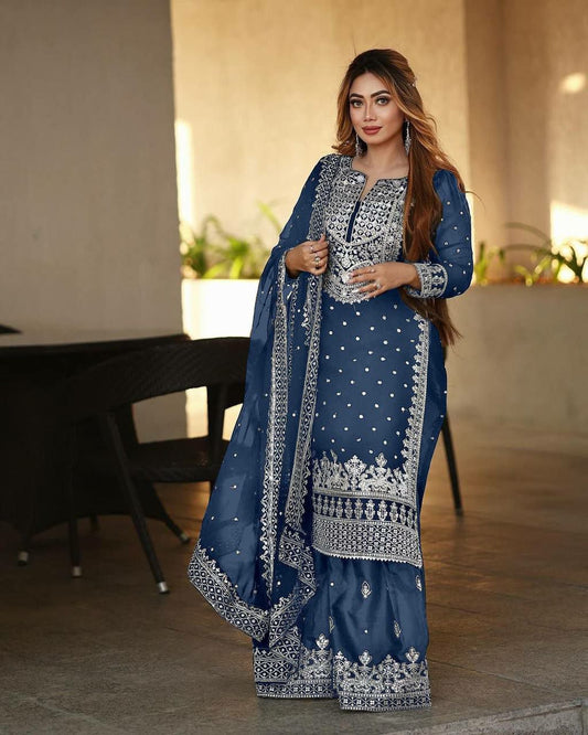 Heavy Faux Georgette With Heavy Embroidery Sequence Work With Full Sleeve Top And Plazo