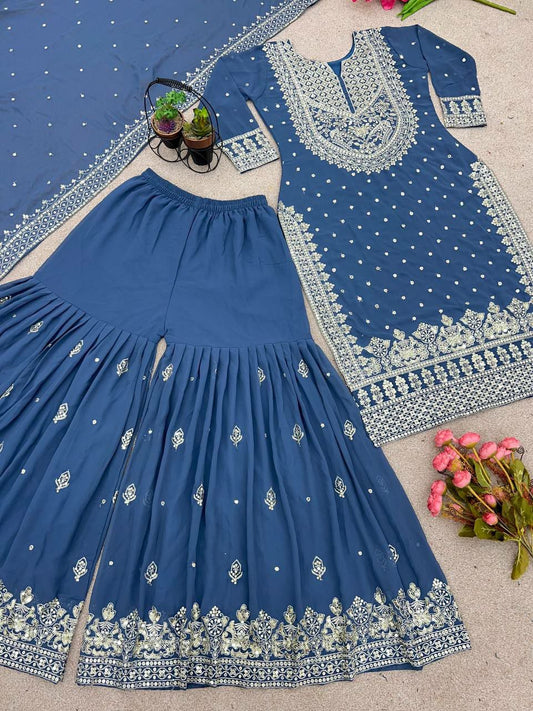 Heavy Faux Georgette With Heavy Embroidery Sequence Work With Full Sleeve Top And Plazo
