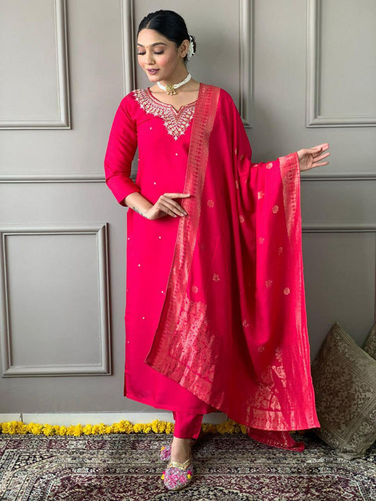 Ethnic Motifs Embroidered Thread Work Detail Straight Kurta & Trousers With Dupatta