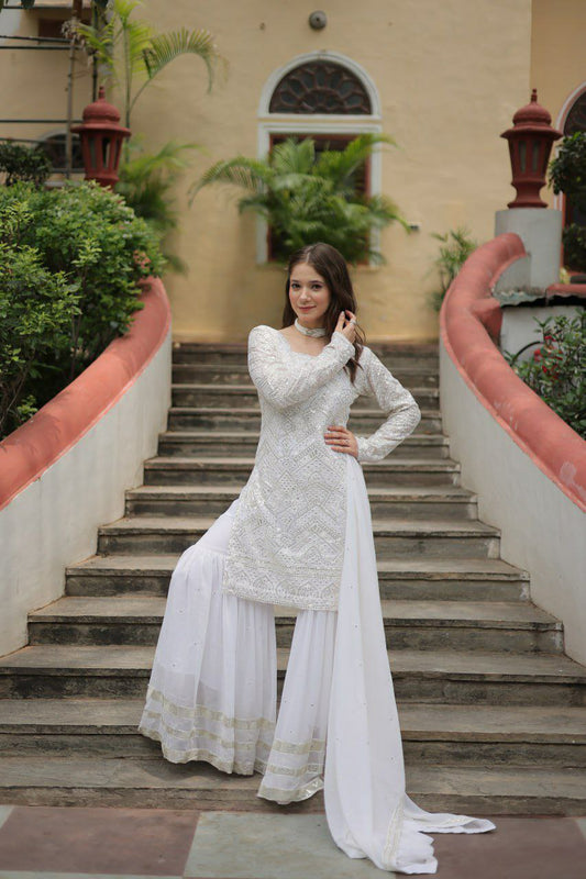 Faux Georgette With &nbsp;Sequins &amp; thread Embroidered work kurti