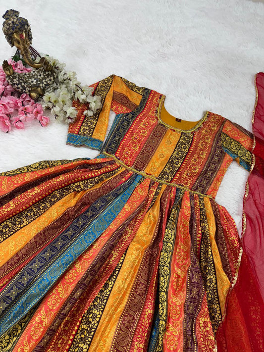 features a Pure chinon with colorful print and hand work for attractive look Gown
