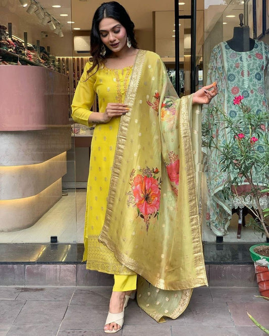 HEAVY VISCOSE JAQUARD WITH SEQUENCE CODING EMBROIDERY WORK KURTIS