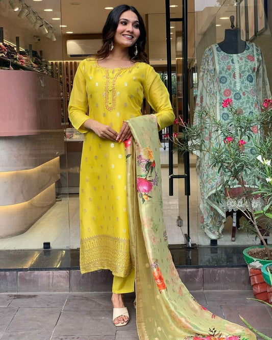 HEAVY VISCOSE JAQUARD WITH SEQUENCE CODING EMBROIDERY WORK KURTIS