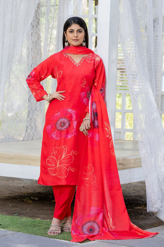 Heavy Handwork Detailing on Red Floral Printed Kurti