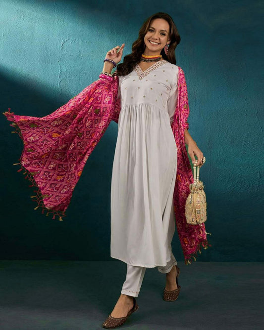 HEAVY VISCOSE CHANDERI WITH EMBROIDERY WORK KURTIS
