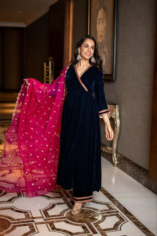 A Pure 9 Thousand Velvet With Embroidery Work Gown