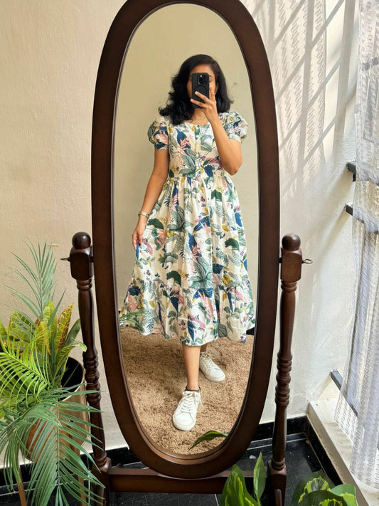Soft muslin fabric with flower print and full flair for charming looks frock