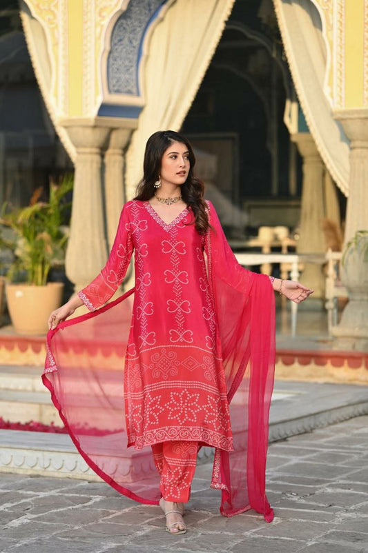 Soft Chinnon Silk Position Print With Embroidered Work Frock