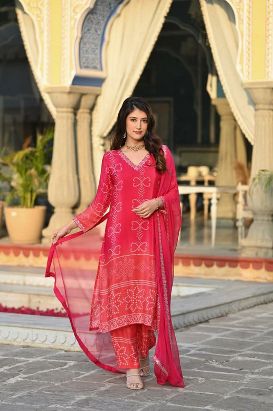 Soft Chinnon Silk Position Print With Embroidered Work Frock