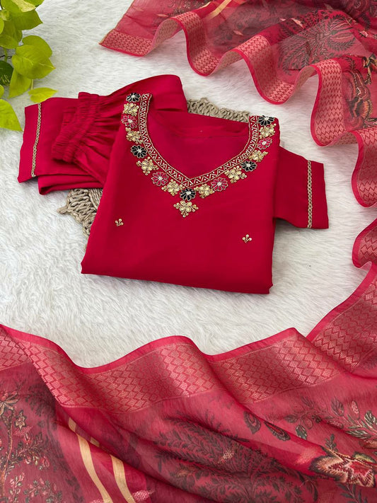 Kurti Premium Roman Silk Soft Fabric With Handwork Neck
