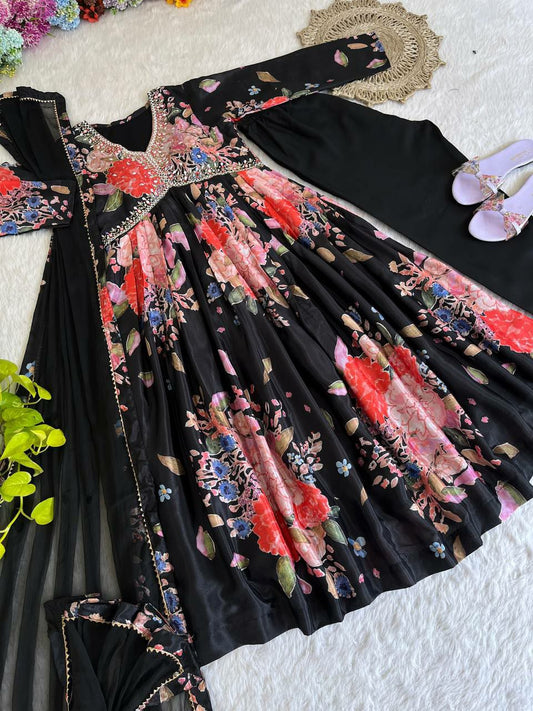 Chinon Soft With Digital Printed Multi Color Beautiful Hand mand Dress