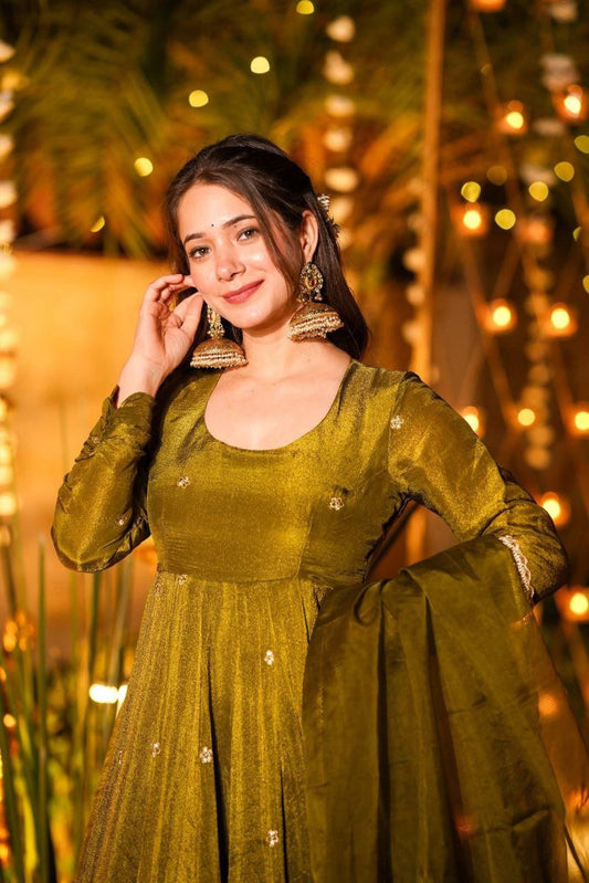 Heavy Crunchy Silk With 5mm Sequence And Embroidery Work Gown
