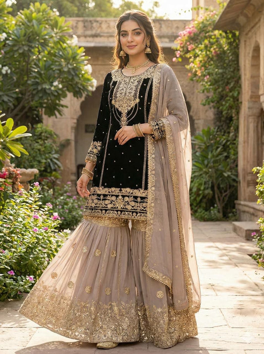 Royal Midnight Black Velvet Sharara Set with Exquisite Zari & Sequin