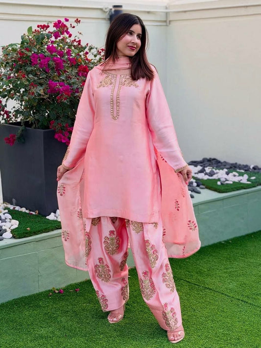 Charming Peach Silk Kurta Set with Embroidered Salwar and Organza Dupatta