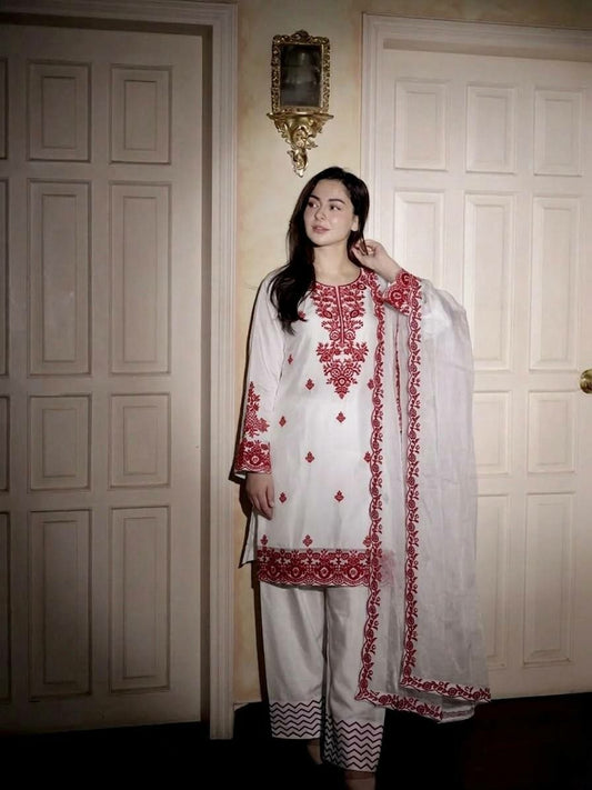 Graceful White Cotton Kurta Set with Red Resham Embroidery & Organza Dupatta
