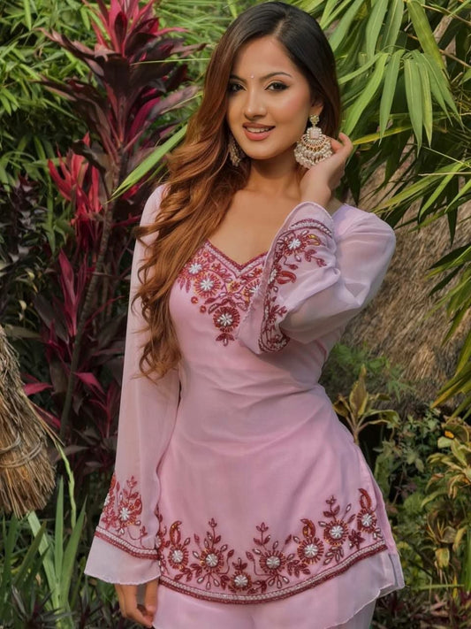 Enchanting Baby Pink Georgette Kurta Set with Deep Red Floral Embroidery