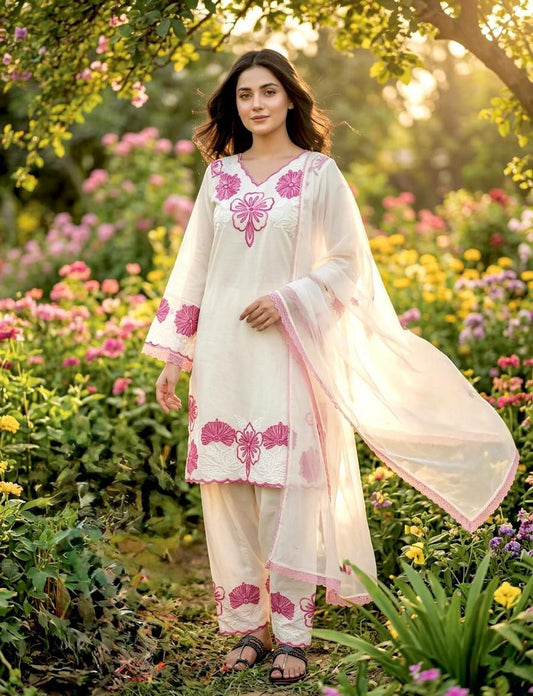 Exquisite Cream Pashmina Kurta Set with Pink Floral Resham Embroidery