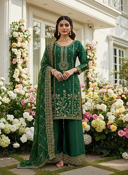 Designer Wedding Guest Salwar Suit in Deep Green - Heavy Embroidered Kurta and Palazzo Set - Traditional Indian Party Wear