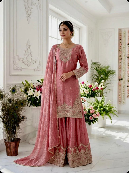 Designer Sage Green Embroidered Sharara Suit - High-Quality Ethnic Party Wear - Complete 3-Piece Set with Scalloped Dupatta