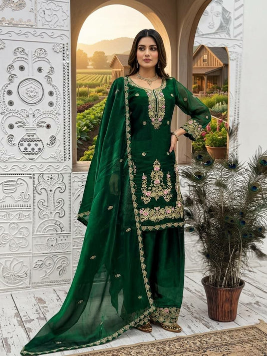 Deep Emerald Silk Salwar Suit with Floral Pink and Gold Embroidery - Traditional Indian Wedding Guest Outfit - Luxury Festive Wear for Women