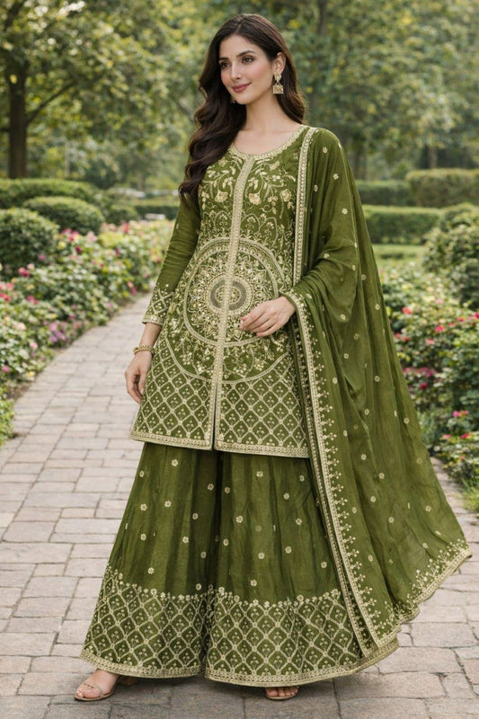 Designer Olive Green Embroidered Sharara Suit - High-Quality Indian Ethnic Wear - Complete 3-Piece Set for Festivals