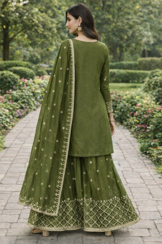 Designer Olive Green Embroidered Sharara Suit - High-Quality Indian Ethnic Wear - Complete 3-Piece Set for Festivals