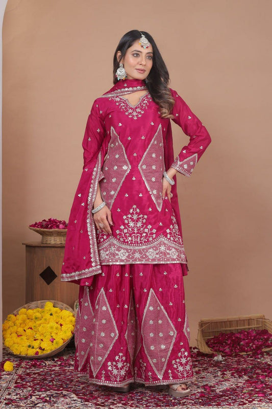 Rani Pink Embroidered Sharara Suit - Heavy Gota Patti Work Salwar Kameez - Indian Ethnic Wear for Weddings - Designer Kurta Set with Dupatta