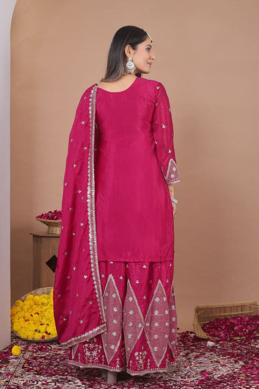 Rani Pink Embroidered Sharara Suit - Heavy Gota Patti Work Salwar Kameez - Indian Ethnic Wear for Weddings - Designer Kurta Set with Dupatta