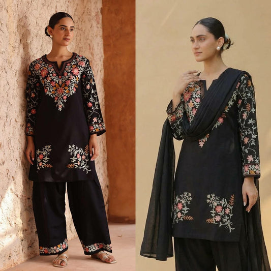 Black Embroidered Salwar Kameez - Kashmiri Aari Style Floral Work - Indian Ethnic Wear for Women - Designer Kurta Set with Wide Leg Trousers and Dupatta