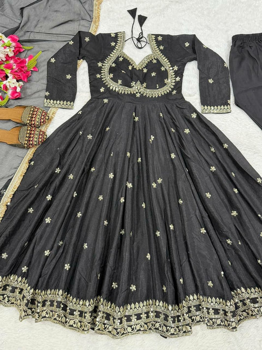 Designer Black Embroidered Anarkali Suit - High-Quality Indian Readymade Garment - Complete 3-Piece Set for Festivals