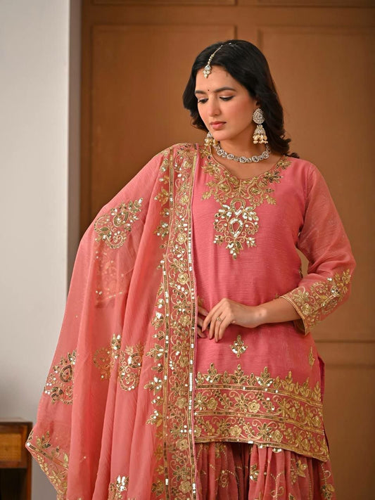 Blush Pink Silk Sharara Set with Intricate Gold Gota and Mirror Work - Traditional Indian Wedding Guest Outfit - Luxury Festive Wear for Women