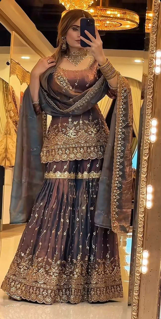 Shimmering Charcoal Grey Sharara Set with Intricate Gold Floral Embroidery - Traditional Indian Wedding Guest Outfit - Luxury Festive Wear for Women