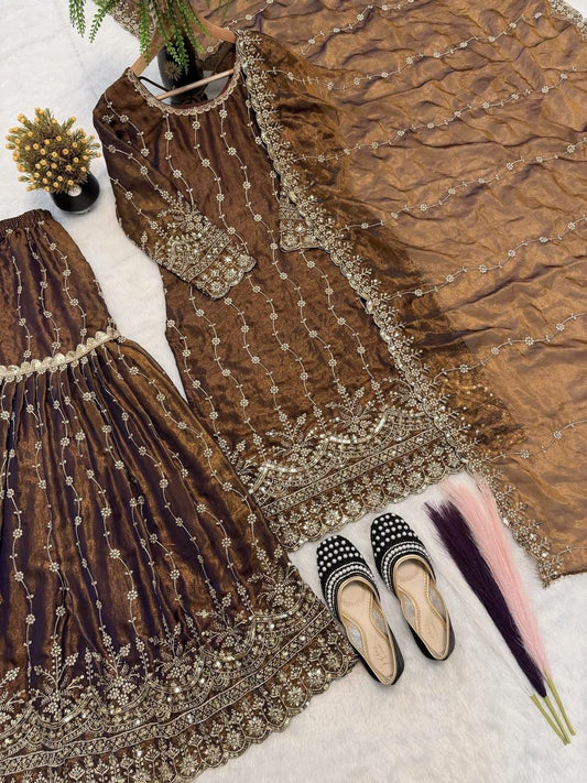 Shimmering Charcoal Grey Sharara Set with Intricate Gold Floral Embroidery - Traditional Indian Wedding Guest Outfit - Luxury Festive Wear for Women